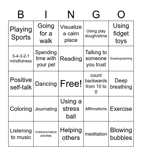 Coping Skills Bingo Card