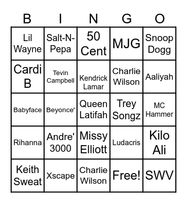 R&B-Hip- Hop Artist Bingo Card