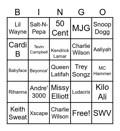 R&B-Hip- Hop Artist Bingo Card