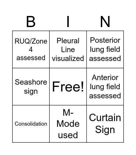 POCUS Lung Bingo Card