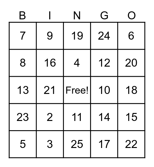 5 In a Row Bingo Card