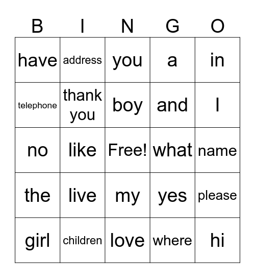 Family and Home Vocabulary Bingo Card