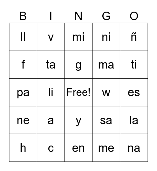 Kinder DLI Bingo Card