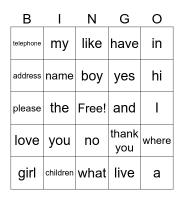 Family and Home Vocabulary Bingo Card