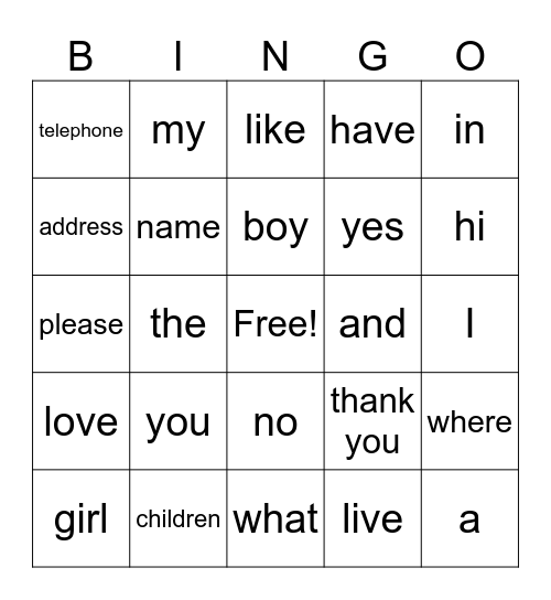 Family and Home Vocabulary Bingo Card