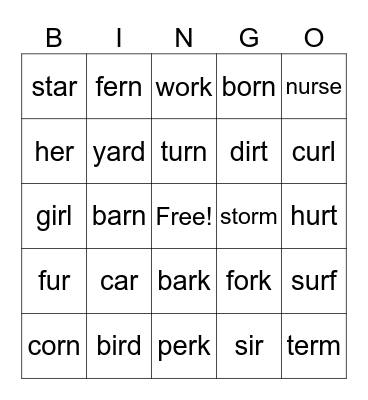 R-controlled Words Bingo Card