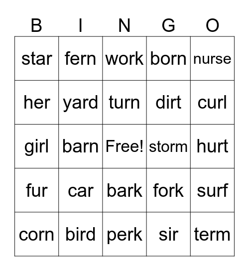 R-controlled Words Bingo Card