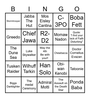 A New Hope Movie Bingo Card