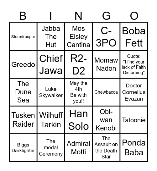 A New Hope Movie Bingo Card