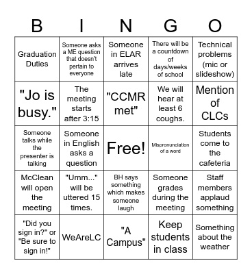Staff Meeting Bingo Card