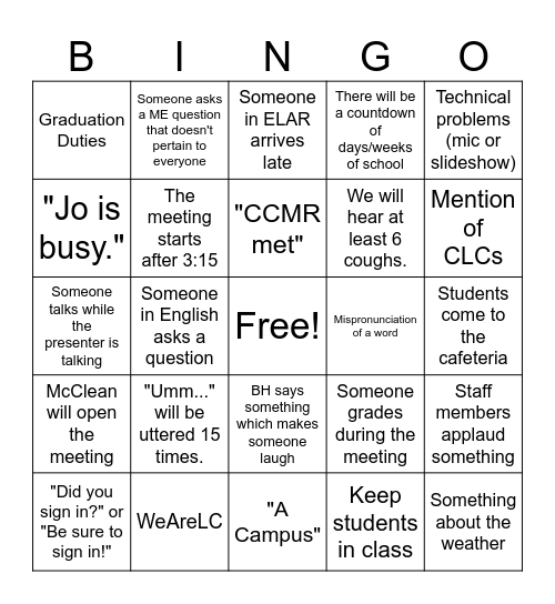 Staff Meeting Bingo Card