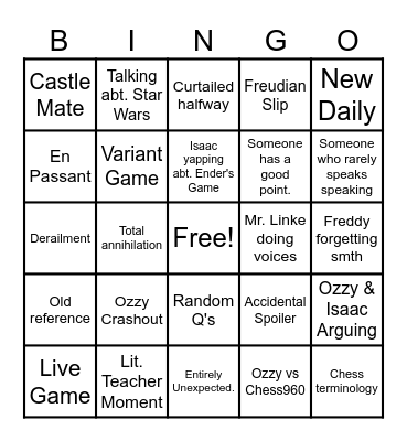 Wednesday Chess Class Bingo Card Bingo Card