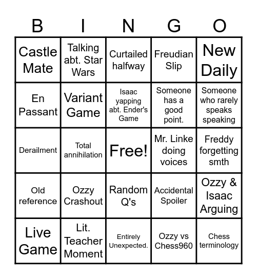 Wednesday Chess Class Bingo Card Bingo Card
