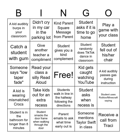 End of Year Bingo Card