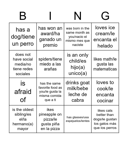 Find someone who/Encuentra a alguien que Bingo Card