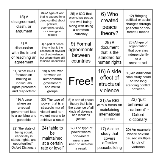 Violence Review Bingo Card