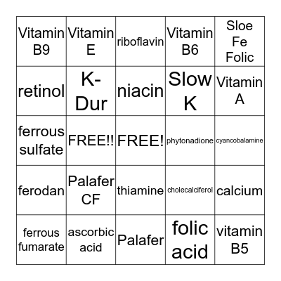 nutrition Bingo Card