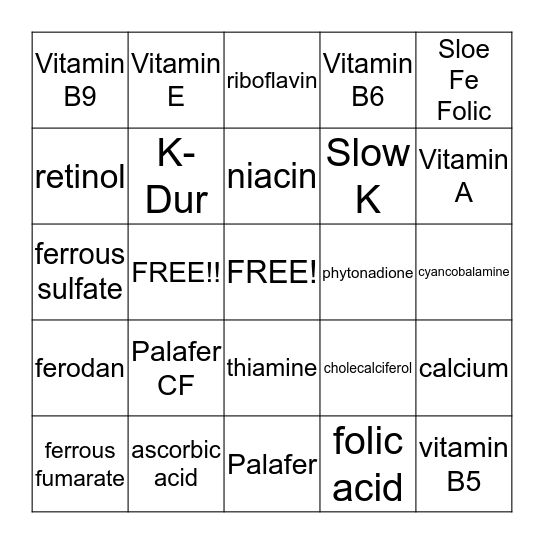 nutrition Bingo Card