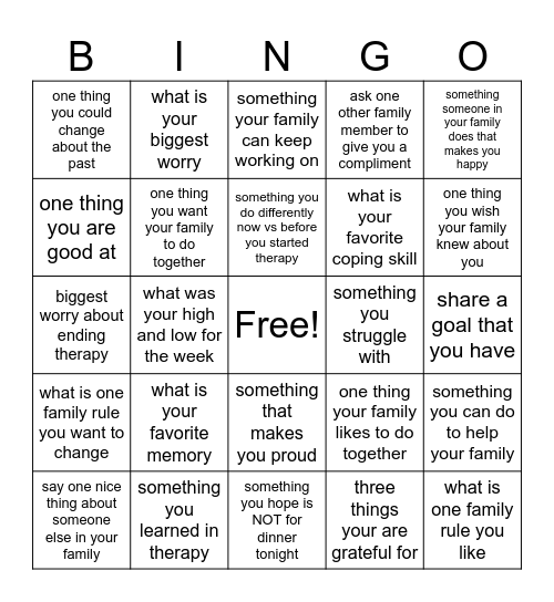 Family Therapy Bingo Card