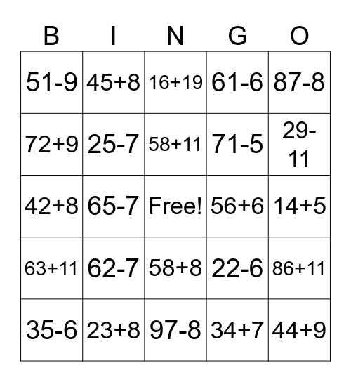 Addition and Subtraction Bingo Card