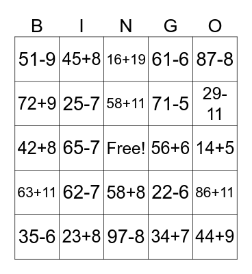 Addition and Subtraction Bingo Card