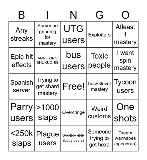 Slap Battles Bingo Card