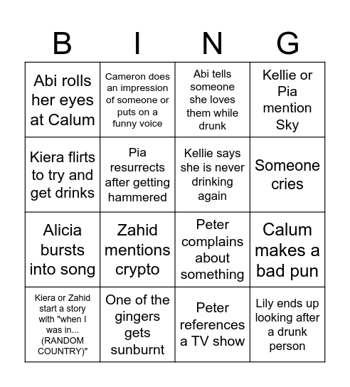 Pia's Hen Bingo Card