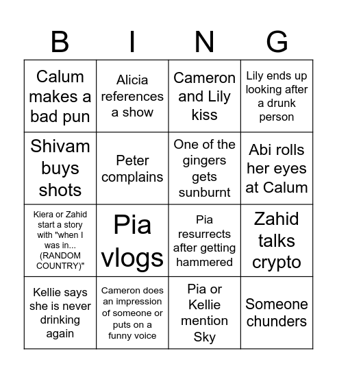 Pia's Hen Bingo Card