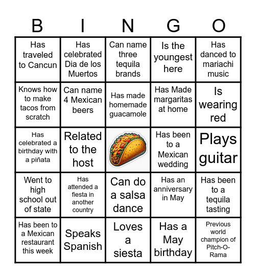 Find the Guest, Cinco de Mayo Edition Bingo Card