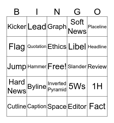 Journalism Vocab Bingo Card