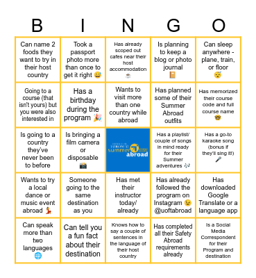 Summer Abroad 2025 Meet & Greet Bingo Card
