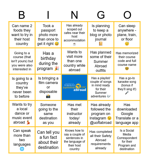 Summer Abroad 2025 Meet & Greet Bingo Card