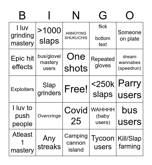 Slap Battles Bingo Card