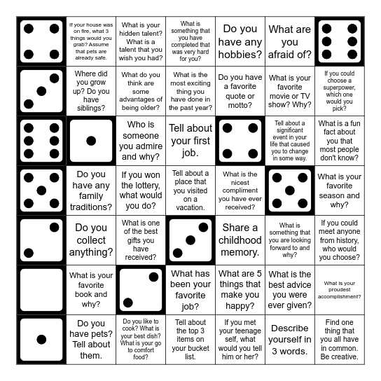 Table Talk Dice Bingo Card