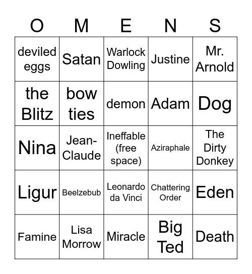 Good Omens Bingo Card