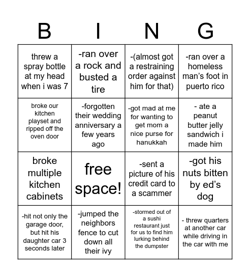 Things david has done Bingo Card
