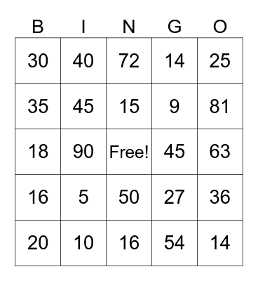 5x , 9x, some 2x Multiplication Bingo Card