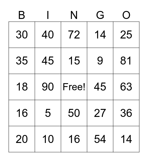 5x , 9x, some 2x Multiplication Bingo Card
