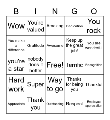 Employee appreciation Bingo Card