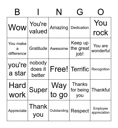 Employee appreciation Bingo Card