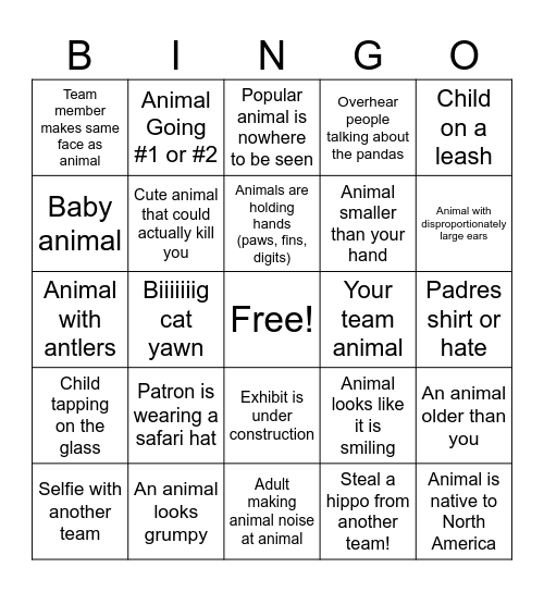 San Diego Zoo BINGO Card