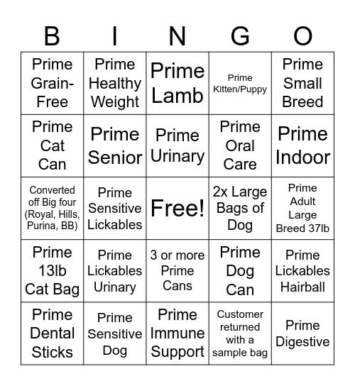 Performatrin Prime Bingo Card