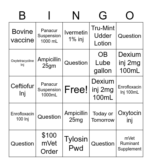Bovine Bingo Card