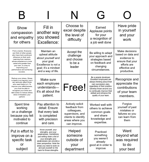 iCARE: Excellence BINGO Card