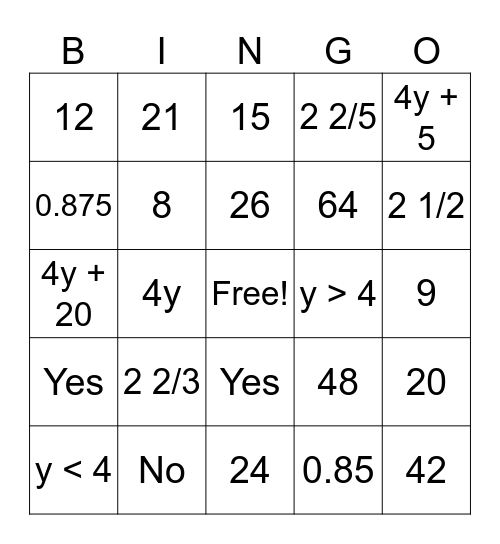 Key Standards Bingo Card