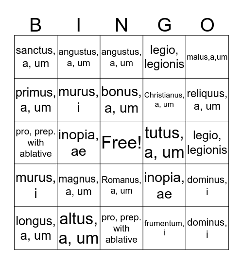 Latin Week 10 Bingo Card