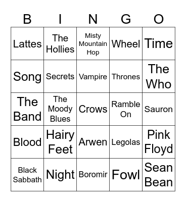 Lord of the Rings, Nerdy Rock, & Fantasy Novels Bingo Card