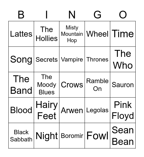 Lord of the Rings, Nerdy Rock, & Fantasy Novels Bingo Card