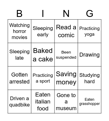 Past and present Experiences Bingo Card