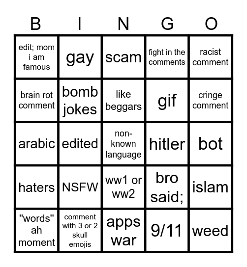 Instagram comments bingo Card